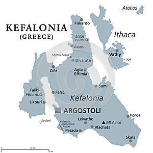 Kefalonia, Ionian Island in western Greece, gray political map