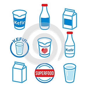 Kefir or kephir, fermented milk product, superfood  vector icons set - color