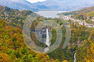 Kegon Falls and Chuzenji lake in autumn, Nikko, Japan.