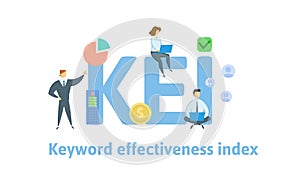 KEI, Keyword Effectiveness Index. Concept with people, letters and icons. Flat vector illustration. Isolated on white