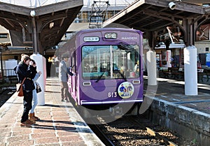 Keifuku Randen Tram train of Arashiyama Line waiting at Shijo-Omiya Station, Kyoto