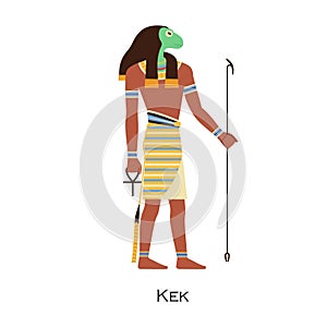 Kek, old Egyptian god. Ancient Egypts deity with frog headwear on head. History and religion character profile