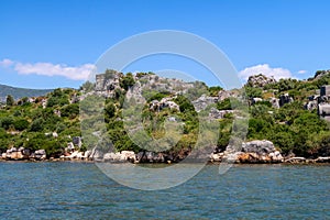 Kekova where sunken shipwrecks of Dolkisthe Antique City which was destroyed by earthquakes in the 2nd century, Tukey