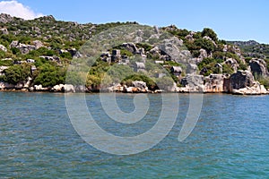 Kekova where sunken shipwrecks of Dolkisthe Antique City which was destroyed by earthquakes in the 2nd century, Tukey