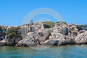 Kekova where sunken shipwrecks of Dolkisthe Antique City which was destroyed by earthquakes in the 2nd century, Tukey