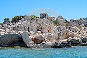 Kekova where sunken shipwrecks of Dolkisthe Antique City which was destroyed by earthquakes in the 2nd century, Tukey