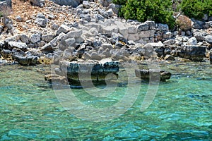 Kekova where sunken shipwrecks of Dolkisthe Antique City which was destroyed by earthquakes in the 2nd century, Tukey