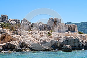 Kekova where sunken shipwrecks of Dolkisthe Antique City which was destroyed by earthquakes in the 2nd century, Tukey