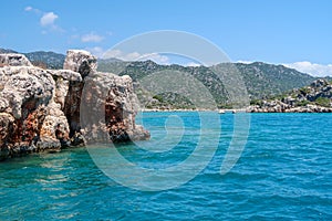 Kekova where sunken shipwrecks of Dolkisthe Antique City which was destroyed by earthquakes in the 2nd century, Tukey