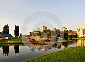 Kelowna downtown Waterfront Park on Okanagan Lake, BC Canada.