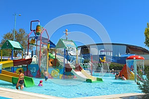 Kemer, Turkey - August 22, 2020: Childrens playground, water slides at Dolusu aquapark