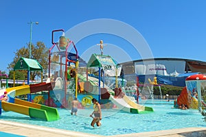 Kemer, Turkey - August 22, 2020: Childrens playground, water slides at Dolusu aquapark