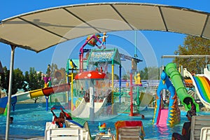 Kemer, Turkey - August 22, 2020: Childrens water playground, slides for kids at Dolusu aquapark.