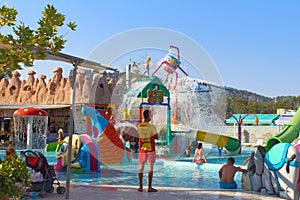 Kemer, Turkey - August 22, 2020: Childrens water playground, slides for kids at Dolusu aquapark.