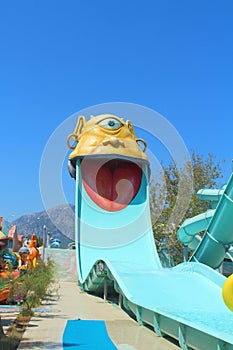 Kemer, Turkey - August 22, 2020: Water slides at Dolusu aquapark