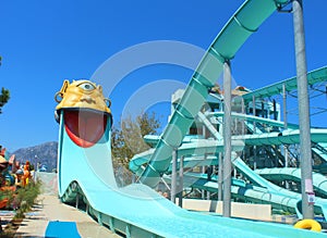 Kemer, Turkey - August 22, 2020: Water slides at Dolusu aquapark