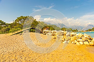 KEMER, TURKEY: View of a small bridge near the canal on the beach in Kemer.