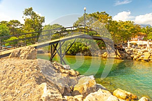 KEMER, TURKEY: View of a small bridge near the canal on the beach in Kemer.