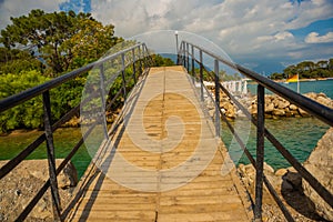 KEMER, TURKEY: View of a small bridge near the canal on the beach in Kemer.