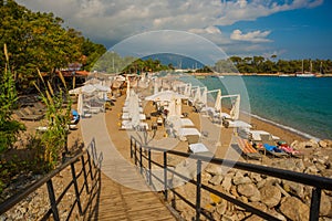 KEMER, TURKEY: View of a small bridge near the canal on the beach in Kemer.