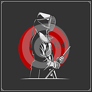 Kendo fighter in traditional clothes. Sport club emblem. Print design for t-shirt.