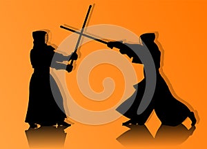 Kendo fighters in traditional clothes silhouette