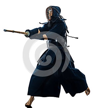 Kendo martial arts fighters man silhouette isolated white bacgro