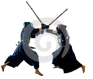 Kendo martial arts fighters silhouette isolated white bacground