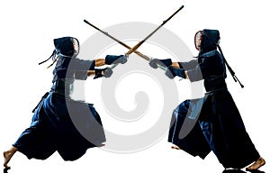 Kendo martial arts fighters silhouette isolated white bacground