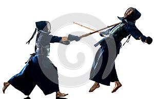 Kendo martial arts fighters silhouette isolated white bacground