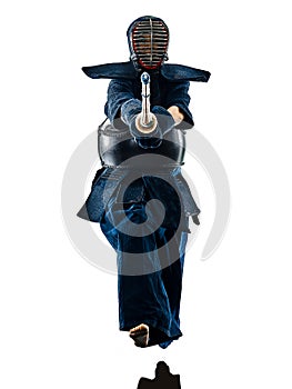 Kendo martial arts fighters woman silhouette isolated white bacground