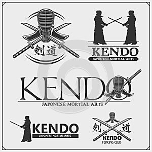 Kendo set. Kendo fighters in traditional clothes silhouette. Sport club emblems. Print design for t-shirt.