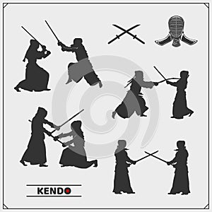 Kendo set. Kendo fighters in traditional clothes silhouette. Sport club emblems. Print design for t-shirt.