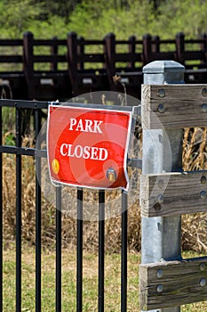 Park closed sign at Cobb County park during mandatory stay at home shelter in place order passed for Covid-19 Corona Virus