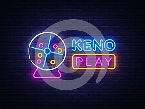 Keno Lottery neon sign vector design template. Lotto symbols neon logo, light banner design element colorful modern