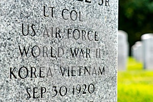 Close-up of a vetrians tombstone marking his service in US Air Force during WWII, Korea &