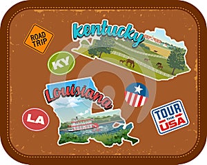 Kentucky, Louisiana travel stickers with scenic attractions