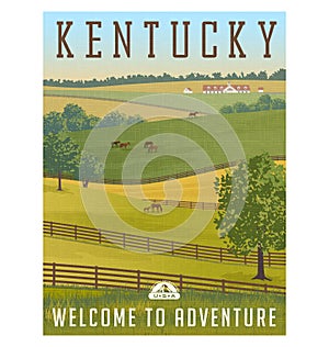 Kentucky rolling hills, horses, fences and stables