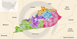 Kentucky state counties colored by congressional districts vector map with neighbouring states and terrotories