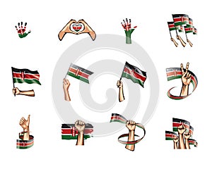 Kenya flag and hand on white background. Vector illustration