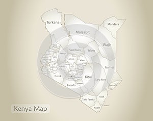Kenya map, administrative division with names, old paper background