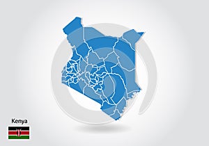 Kenya map design with 3D style. Blue Kenya map and National flag. Simple vector map with contour, shape, outline, on white