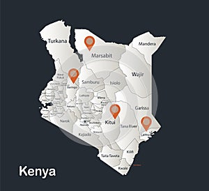 Kenya map, Infographics flat design colors snow white, with names of individual regions