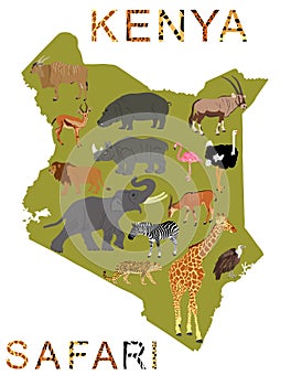 Kenya map safari animals Africa. Kenya safari word, animal skin print over separated letter vector silhouette illustration.