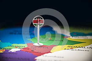Kenya marked with a flag on the map