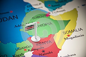Kenya marked with a flag on the map