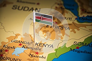 Kenya marked with a flag on the map