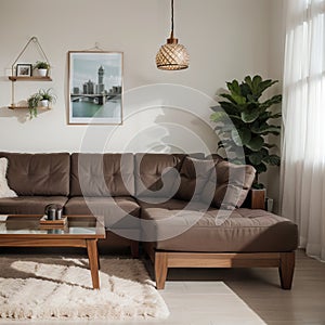 Kerala Indian Stylish interior design of living room with modern mint sofa, wooden console, cube, coffee table, lamp, plant, mock