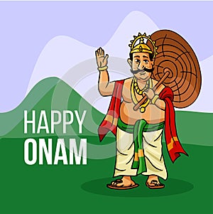 Kerala Onam Festival Mahabali also kown Maveli in Green field with Happy Onam Text photo
