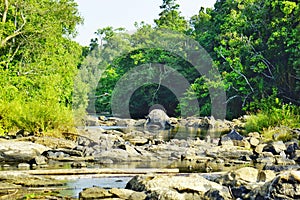 Kerala tourism - rocks in a stream at kuruwa island `